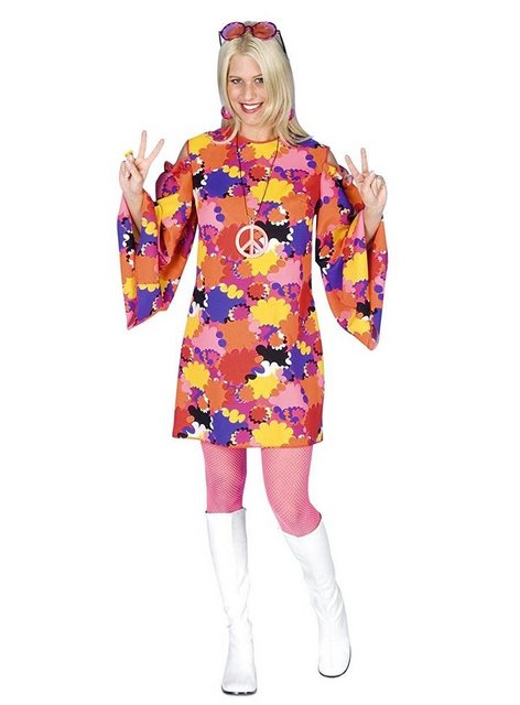 Bild von Metamorph Hippie-Kostüm Hippie Kleid mit Trompetenärmeln, Hochgeschlossenes 70er Jahre Kleid mit bunten Farbklecksern
