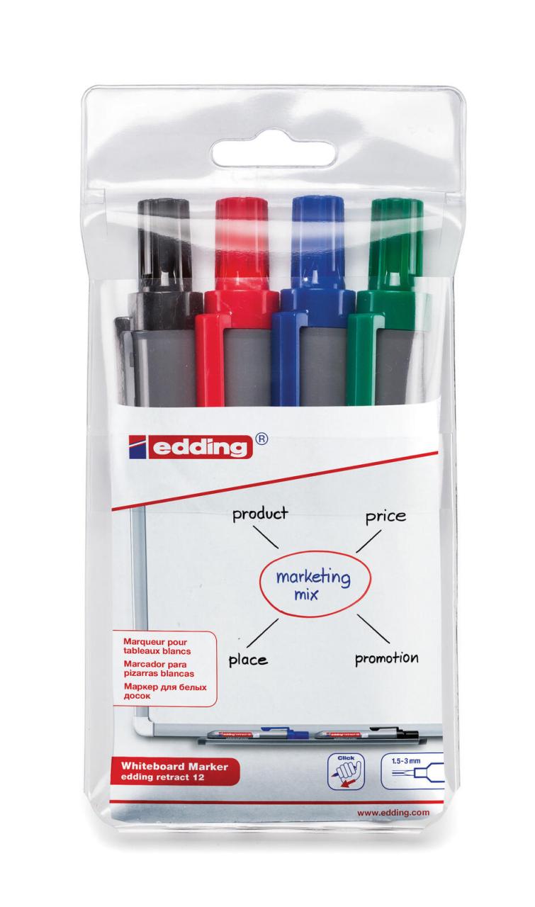 Bild von edding 12 Retract Whiteboardmarker - schwarz,rot,blau,grün -4 Whiteboard Stifte - Rundspitze 1,5-3 mm-kappenloses Design - für die einhändige Bedienung auf Whiteboard,Flipchart,Magnettafel,Pinnwand