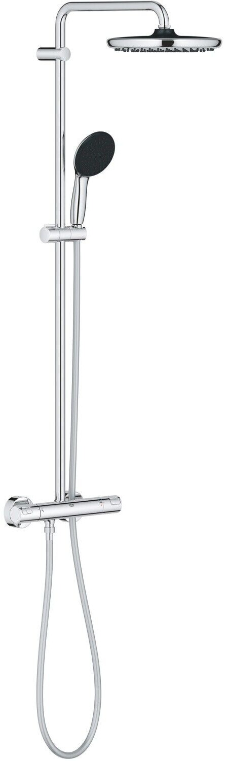Bild von GROHE Vitalio 250, Duschsystem mit Thermostat, wassersparend 8l pro Min (2 Strahlarten, schwenkbarer Kopfbrausearm, Sicherheitssperre bei 38C, Antikalk-System), rund, chrom, 26677001