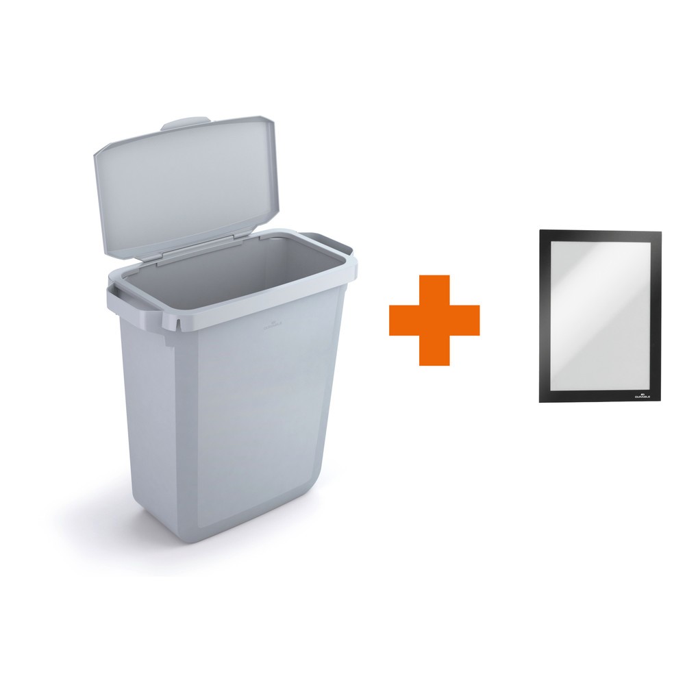 Bild von DURABLE Abfallbehälter DURABIN® 60L mit Klappdeckel + Info-Rahmen DURAFRAME®, grau