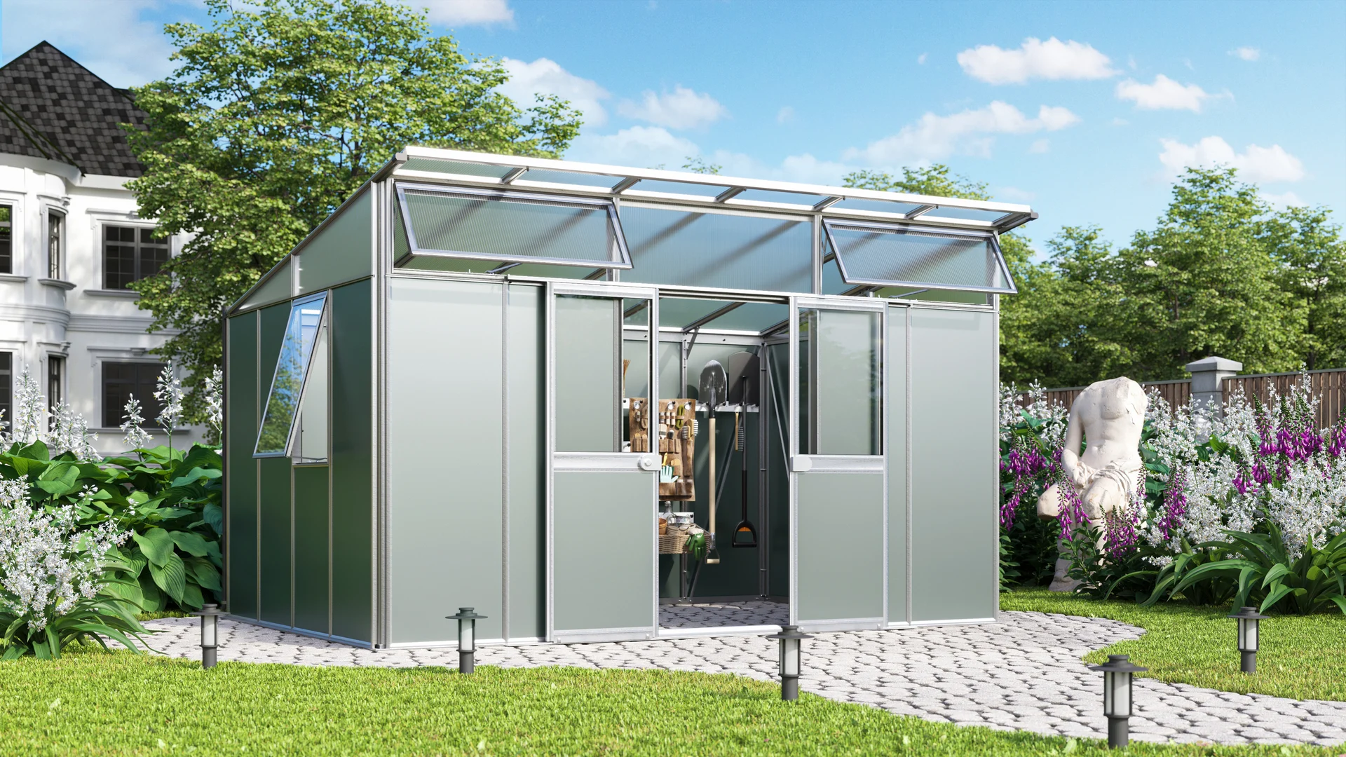 Bild von Vitavia Gerätehaus auf Gewächshausbasis Kosmos 7800/11500 B 3,93 x T 2,95 m (Modell 11500) Alu eloxiert/Grau