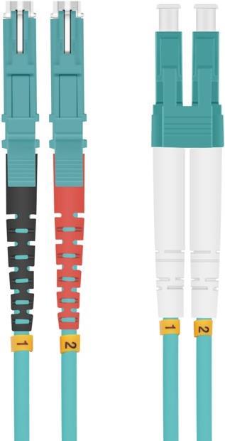 Bild von Helos LWL Patchkabel E2000® (LSH)/ LC Duplex 50/125µm OM3 aqua 10,0m - 50/125 µm, Multimode - OM3-Faser für 10 Gigabit/s - E2000® (LSH) Duplex Stecker an LC Duplex Stecker - Farbe: aqua - Einzelverpackung mit Prüfprotokoll -  (254695)