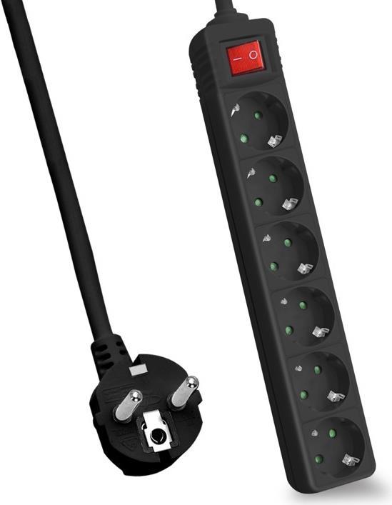 Bild von Helos Steckdosenleiste CLASSIC, 6-fach, schwarz, 5,0m, mit Schalter Robustes klassisches Design , 5,0m Zuleitung , Leiterquerschnitt: 1,5 mm² , Kabeltyp: H05VV-F 3G1.5mm , mit Schalter , 6 Schutzkontaktsteckdosen 45° gedreht , mit Berührungsschutz , belastbar bis zu 16 A/230V (4000 Watt) , VDE, CE und GS-Zertifiziert , Farbe: schwarz (262811)