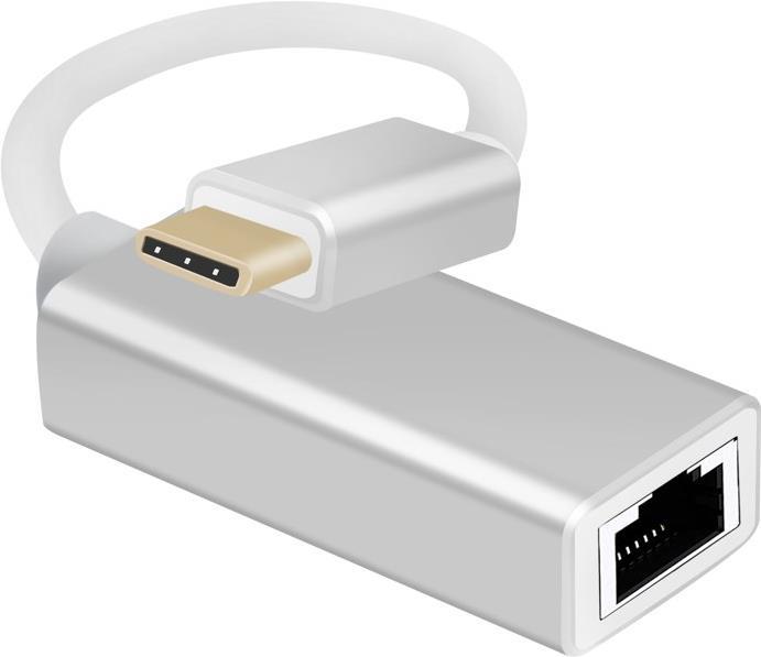Bild von Helos Adapterkabel Ethernet, USB 3.1 Type-C St./RJ45 Buchse, PREMIUM, silber USB Type-C Stecker/ RJ45 Buchse , PREMIUM , TPE Außenmantel - hochflexibel , Aluminium-Gehäuse , Gigabit Ethernet , CE-zertifiziert , ROHS 2.0 und REACH-konform , Farbe: silber (288378)