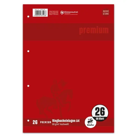 Bild von Staufen Premium Ringbucheinlagen - DIN A4, Lineatur 26 (5mm kariert mit Rand), 50 Blatt, 4-fach Lochung, 90g/m² Premium Papier, 1 Stück