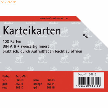 Bild von Staufen, Karteikarten, Karteikarten A6/100 grün liniert (A6, 180 g/m², 100 x)