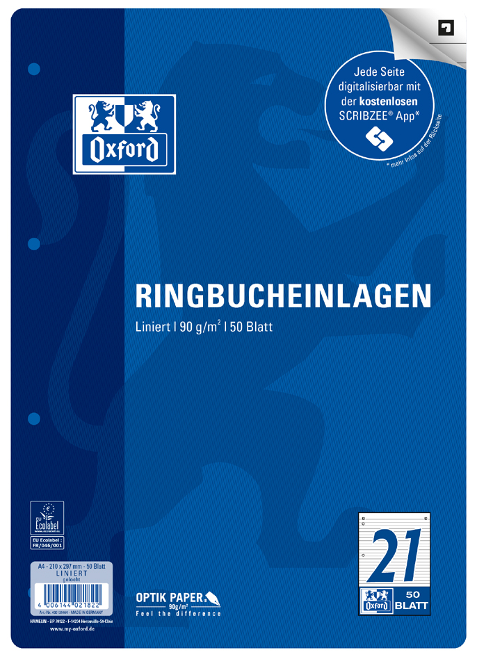 Bild von OXFORD Klebeband Oxford 400131466 Ringbucheinlage LIN22 - A4, kariert, 90g/qm, 4-fach