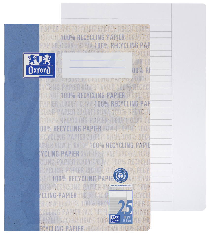 Bild von Oxford Recycling Schulheft A4, 16 Blatt, Lineatur 25 (liniert, weißer Rand rechts), 90 g/m², Optik Paper®