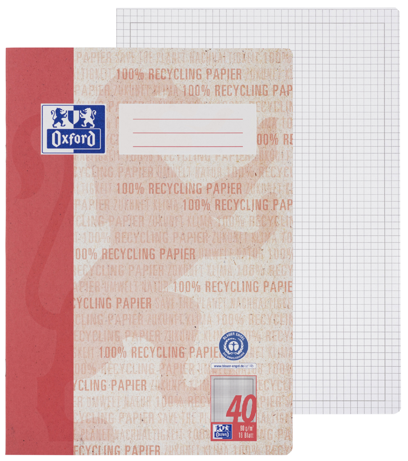 Bild von Oxford Recycling Schulheft A4, 16 Blatt, Lineatur 40 (kariert 5 mm mit Rahmen), 90 g/m², Optik Paper®