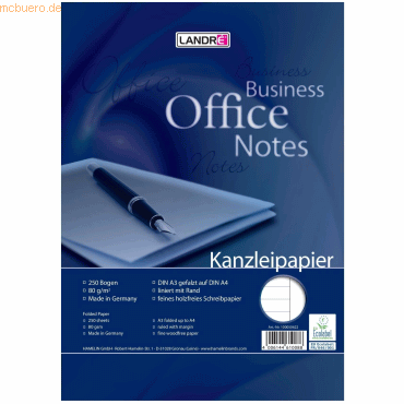 Bild von Kanzleipapier LANDRÉ "Office", A3/A4 gefalzt, 80 g/m², 250 Bögen pro Packung, liniert mit Rand rechts