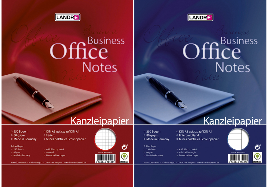 Bild von Landré Kanzlei-Papier A3 auf A4 gefalzt, rautiert, 80 g/m², 250 Kanzlei-Bogen