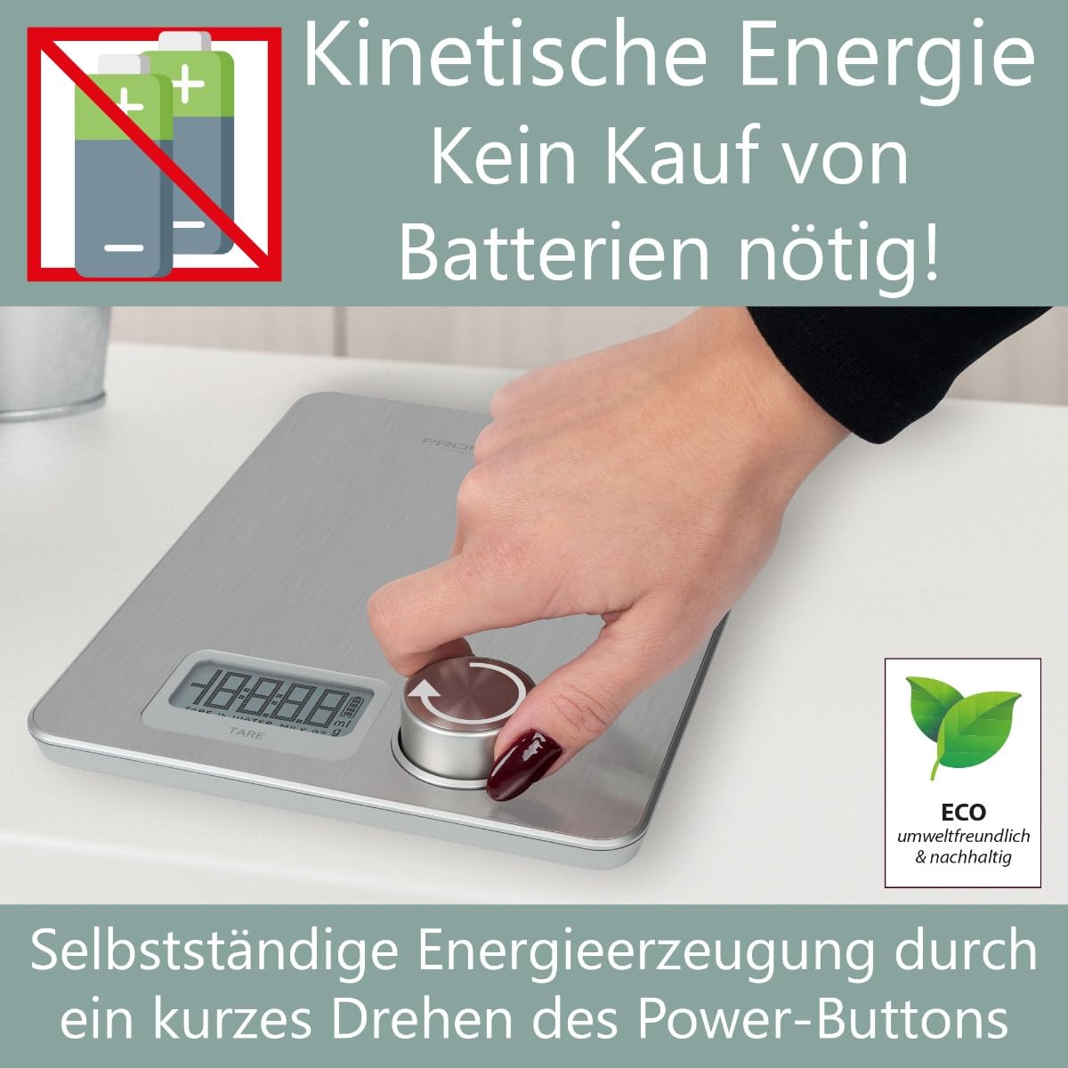 Bild von ProfiCook® Küchenwaage ohne Batterien | Küchenwaage digital mit kinetischer Energie | Waage mit Messbereich von 1g - 5kg und großem Display | mit Tara-Funktion und versch. Messeinheiten – PC-KW 1263