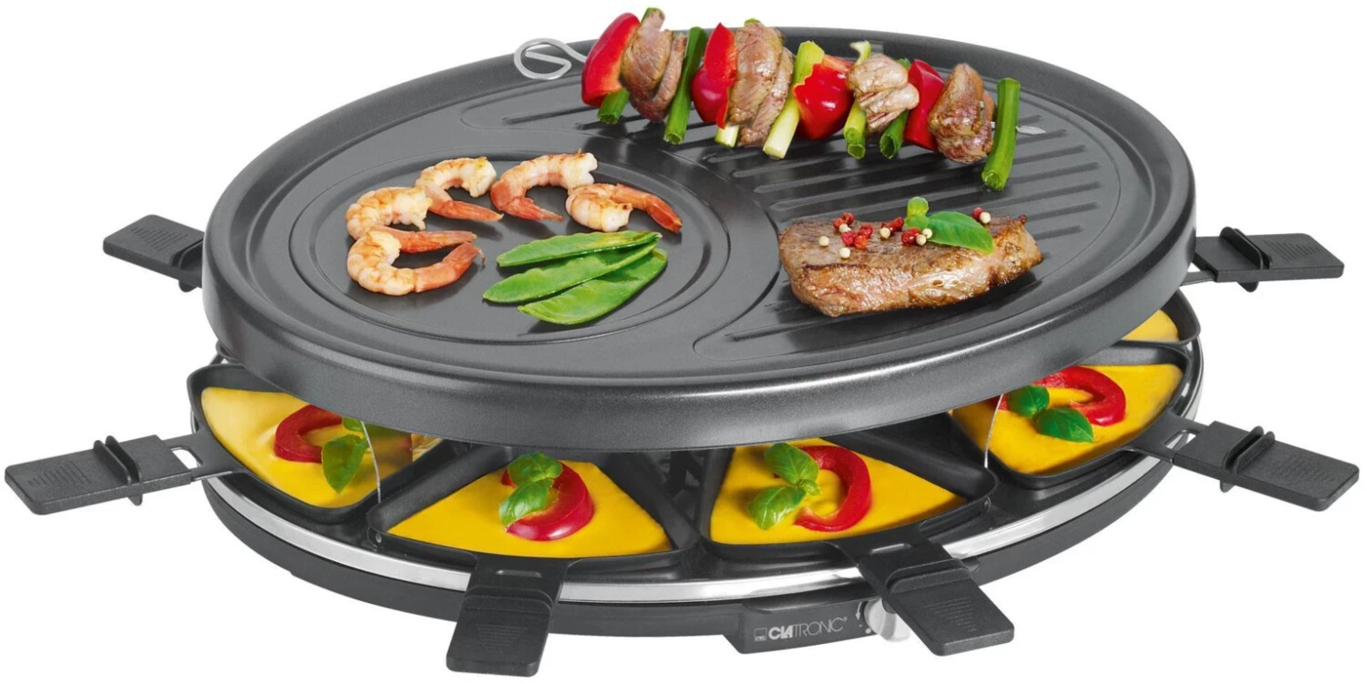 Bild von Clatronic RG 3776 Raclette-Grill, 1400 Watt, zum Grillen und Überbacken, Cool Touch-Gehäuse, Raclette-Grill für bis zu 8 Personen, inkl. Holzspachtel und Pfännchen, Schwarz