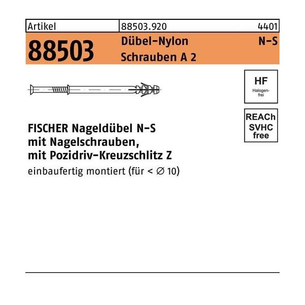 Bild von 50 Stk. Fischer Nageldübel R 88503 N-S 6x 40/10 Schrauben A 2/Dübel-Nylon 50