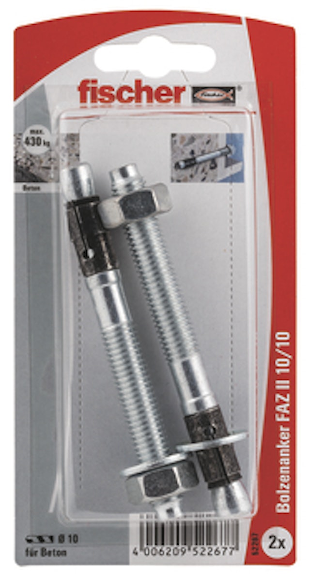 Bild von fischer Bolzenanker FAZ II, Stahl galv. verzinkt 10/10 K SB-Karte, M10 x 53,00 mm, (1-tlg), galvanisch verzinkt, Durchsteckmontage, für Stahlkonstruktionen