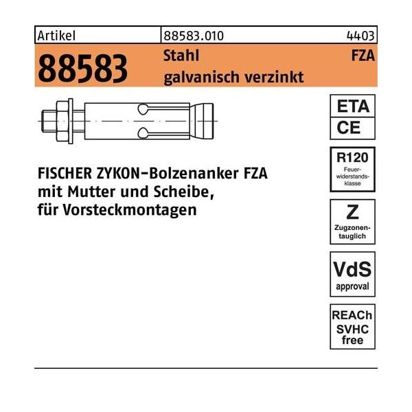 Bild von 10 Stk. Fischer Bolzenanker R 88583 ZYKON FZA 22x100 M16/60 Stahl galv.verz.