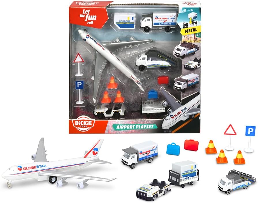 Bild von DICKIE 186390 Toys Flughafen Spielzeugset, Airport Set bestehend aus 3 Autos, 1 Flugzeug, Zubehör, gesamt 13 Teile, für Kinder ab 3 Jahren