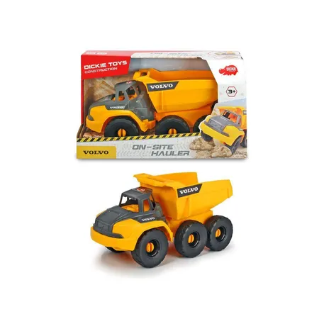 Bild von Dickie Toys Volvo Muldenkipper, Spielzeug Kipplaster mit Freilauf, bewegliche Gelenkachse hinter Führerhaus, bewegliche Ladefläche, offene Kabine, 26 cm, gelb/grau