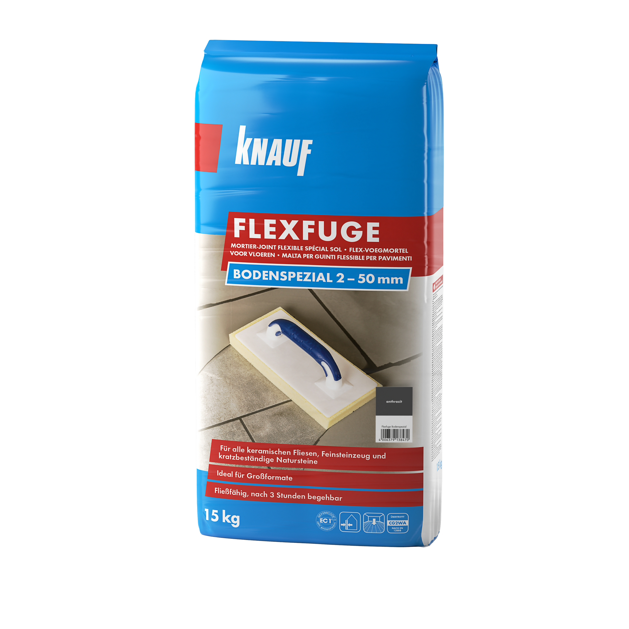 Bild von Knauf Flexfuge Bodenspezial Anthrazit 15 kg, zum Verfugen von allen keramischen Fliesen und kratzbeständigen Natursteinen im Innen- & Außenbereich, ideal bei unregelmäßigen Fugen, selbstverlaufend