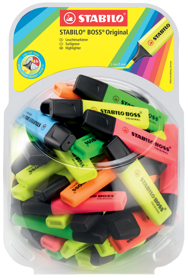 Bild von STABILO, Marker, Textmarker BOSS ORIGINAL, 60er Display Bonbonglas aus PET, Keilspitze, Strichstärke: 2,0... (Farbig sortiert, 5 mm, 60 x)