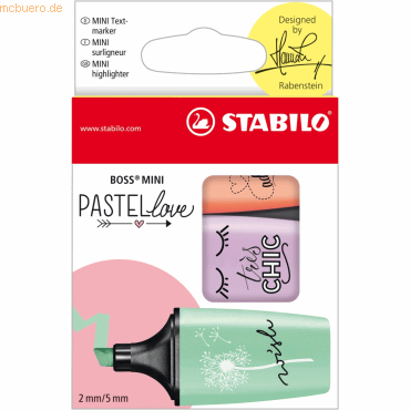 Bild von STABILO - Textmarker - BOSS MINI Pastellove - 3er Pack - cremige Pfirsichfarbe, Schimmer von Lila, Hauch von Minzgrün