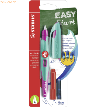 Bild von STABILO - Ergonomischer Schulfüller für Rechtshänder mit Anfänger-Feder A - EASYbirdy in türkis/neonpink - inkl. Patrone und Einstellwerkzeug - blau (löschbar)