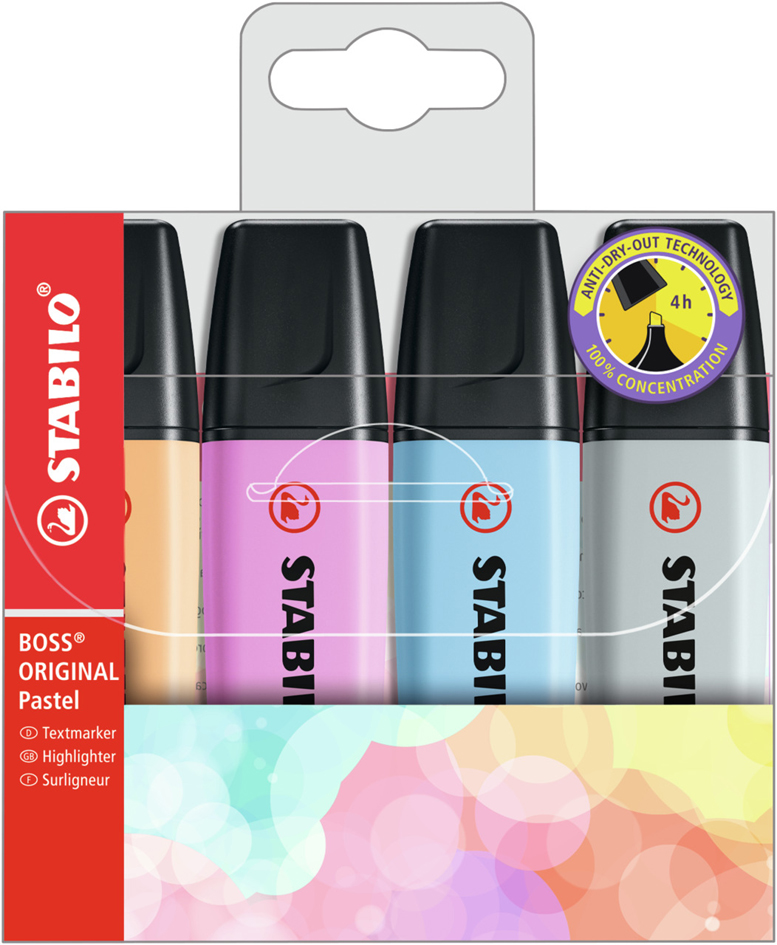Bild von Textmarker - STABILO BOSS ORIGINAL Pastel - 4er Pack - sanftes Orange, himmlisches Blau, frische Fuchsie, seidengrau