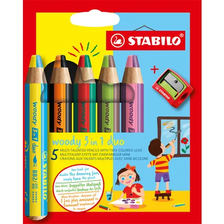 Bild von Duo Buntstift, Wasserfarbe & Wachsmalkreide - STABILO woody 3 in 1 duo - zweifarbige Mine - 5er Pack mit Spitzer - mit 5 Stiften und 10 verschiedenen Farben