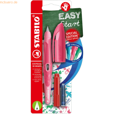 Bild von Schulfüller ergonomisch für Rechtshänder mit Anfänger-Feder A - STABILO EASYbirdy 3D Wildlife Special Edition in rosa - inklusive Patrone und Einstell