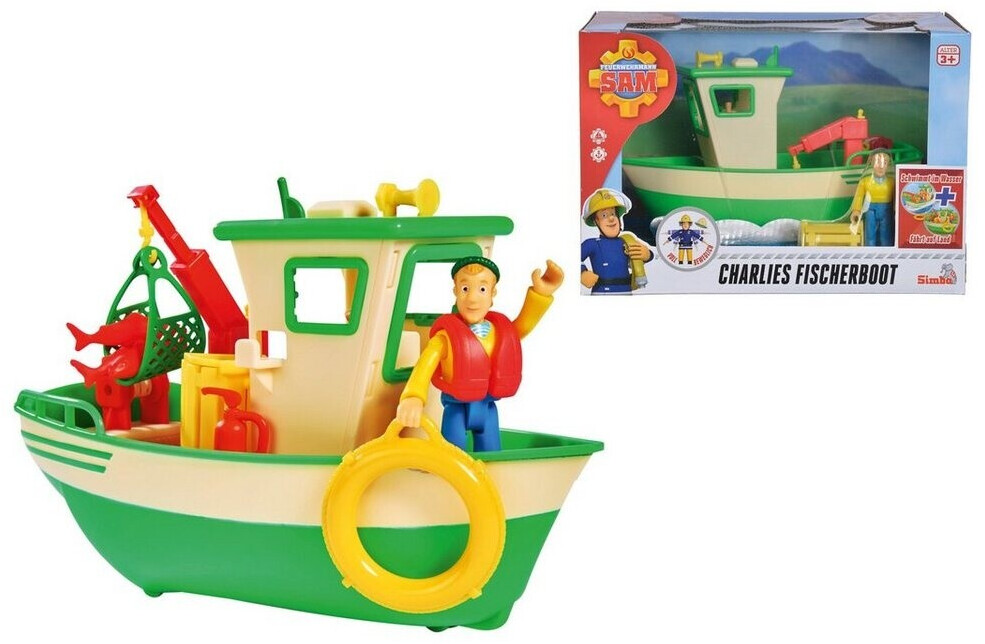 Bild von Simba 109251074 - Feuerwehrmann Sam Charlies Fischerboot, mit Charlie Figur, beweglicher Kran und mechanische Seilwinde, schwimmt auf dem Wasser, 19cm, für Kinder ab 3 Jahren