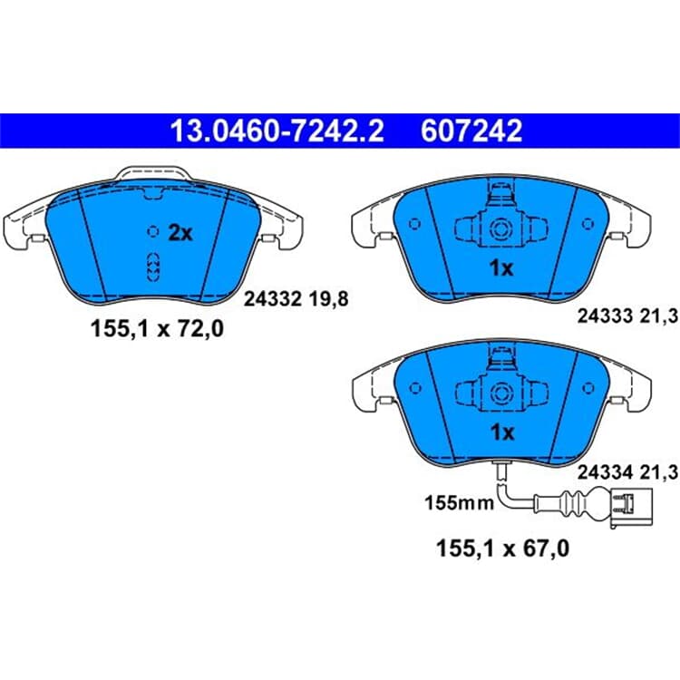 Bild von ATE 13.0460-7242.2 Bremsbelagsatz Bremsbeläge, Bremsklötze, Bremssteine inkl. Verschleißwarnkontakt VOLKSWAGEN: Sharan II, Tiguan I, SEAT: Alhambra II