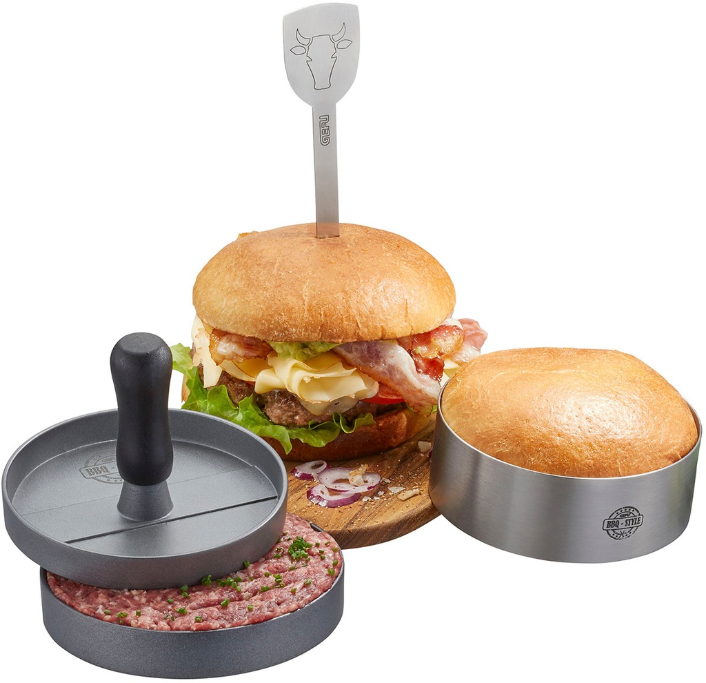 Bild von Burgerpresse GEFU "BBQ", silber, B:3,3cm L:19cm T:0,2cm, Aluminium, Edelstahl, Kunststoff, Küchenpressen, hochwertiges Edelstahl-Set für perfekte Burger, einfach zu handhaben.