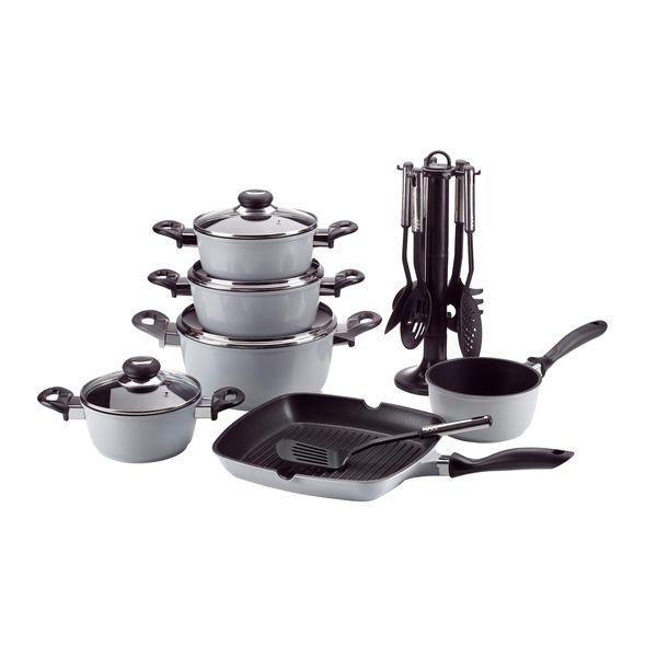 Bild von Krüger Topf-Set Aluguss Topf- und Pfannenset inkl. praktischen Küchenhelfern, 17 tlg., Aluminiumguss (Set, 17-tlg., Fleischtopf 16/18/20/24cm, Stieltopf 16cm Steakpfanne 7 T.Küchenhelfer), inkl. 7-tlg. Küchenhelfer-Set