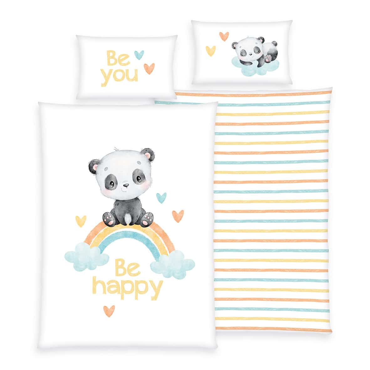 Bild von Herding Baby Best Flanell-Bettwäsche Regenbogen Panda, MADE IN GREEN by OEKO TEX, Kopfkissenbezug 40 x 60 cm mit Hoteleinschlag, Bettbezug 100 x 135 cm mit Knopfverschluss, Baumwolle, Flanell