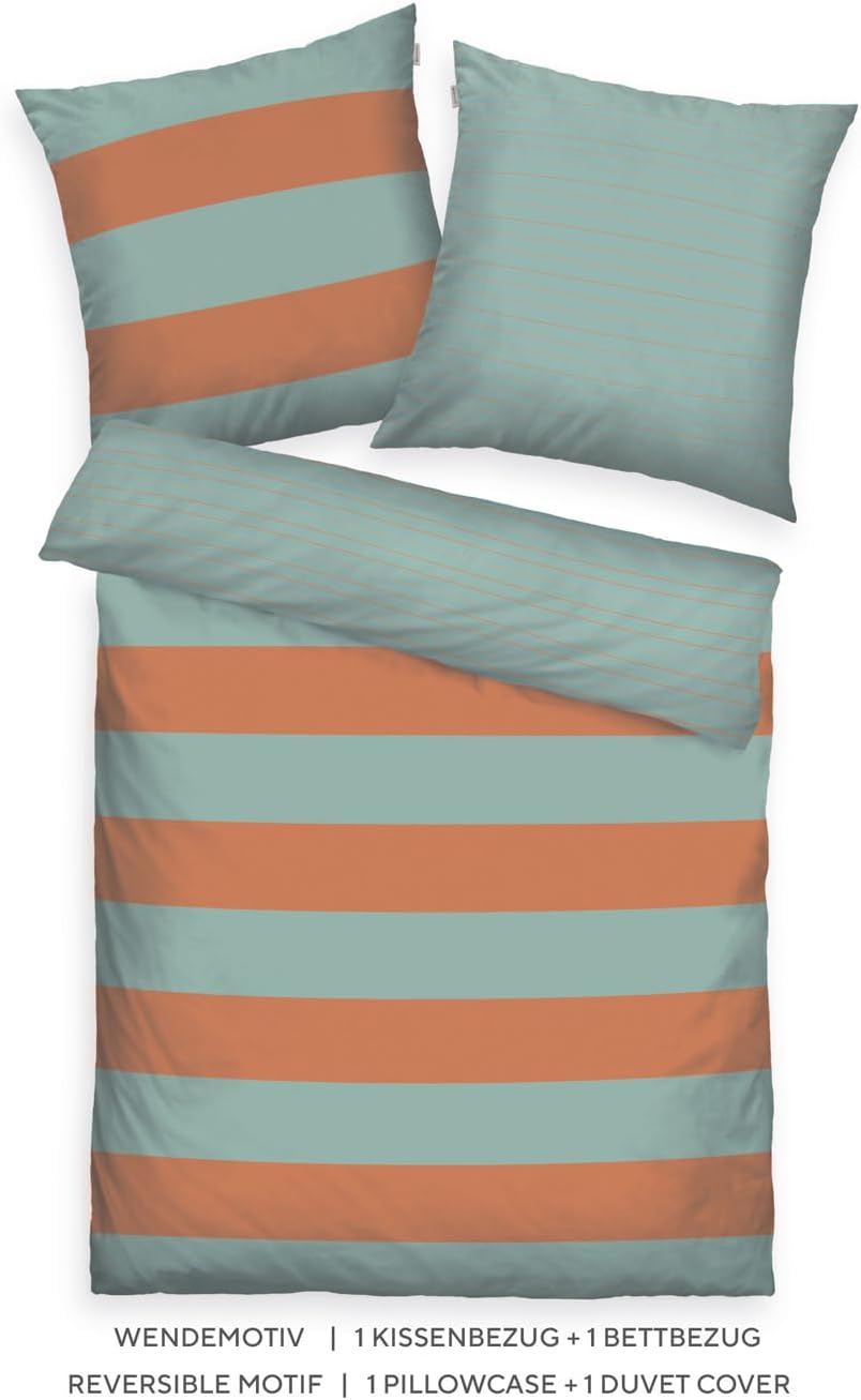 Bild von TOM TAILOR Renforcé-Bettwäsche, 80x80 cm + 155x220 cm, 100% Baumwolle/ Renforcé, mit Wendemotiv und farbigem Markenreißverschluss, BOLD STRIPES Blau, Beige (Dark Navy & Sunny Sand)