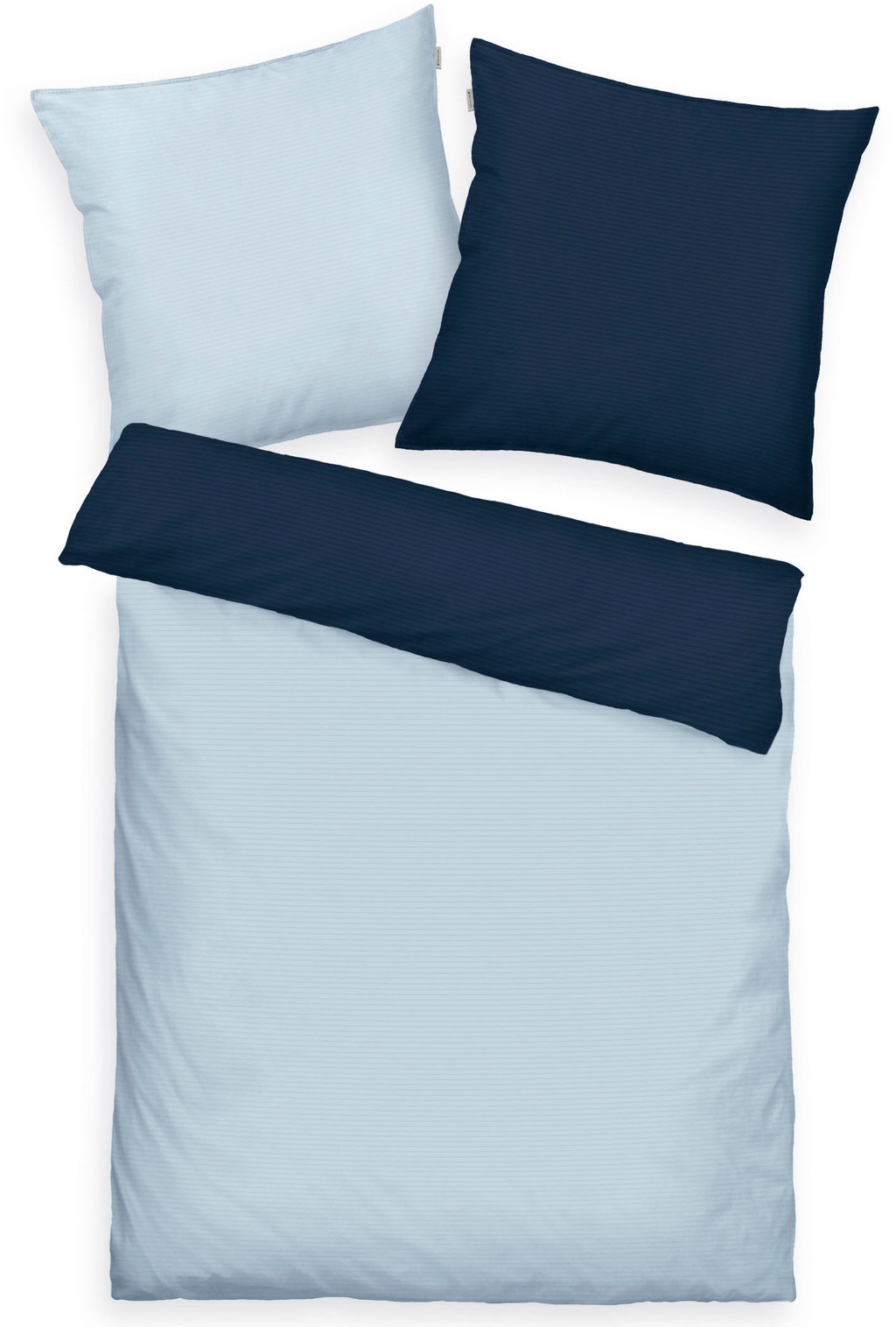 Bild von TOM TAILOR Satin-Bettwäsche, 80x80 cm + 155x220 cm, 100% Baumwolle/Satin, mit Doppelnaht am Kissen, Wendemotiv und farbigem Markenreißverschluss, TWO-TONE SOLID COLORS Blau (Dark Navy & Sky Blue)
