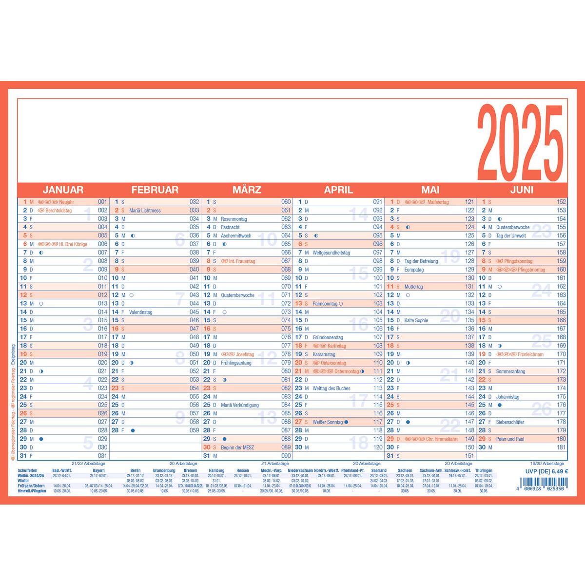 Bild von Zettler - Arbeitstagekalender 2025, 29x21cm, Plakatkalender mit 6 Monaten auf 1 Seite, Mondphasen, Arbeitstage-, Tages- und Wochenzählung, Ferientermine und deutsches Kalendarium