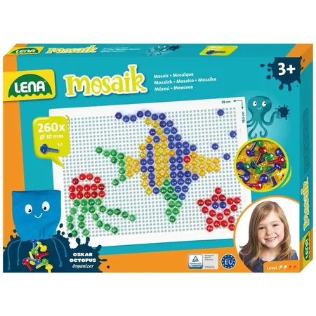 Bild von Lena 35626 - Mosaik Steckspiel Set, Steckmosaik mit 260 transparente Stecker, Mosaikstecker Ø 10 mm, Mosaikspiel für Kinder ab 3 Jahre, Komplettset mit Steckplatte ca. 28 x 19,5 cm und Organizer, bunt