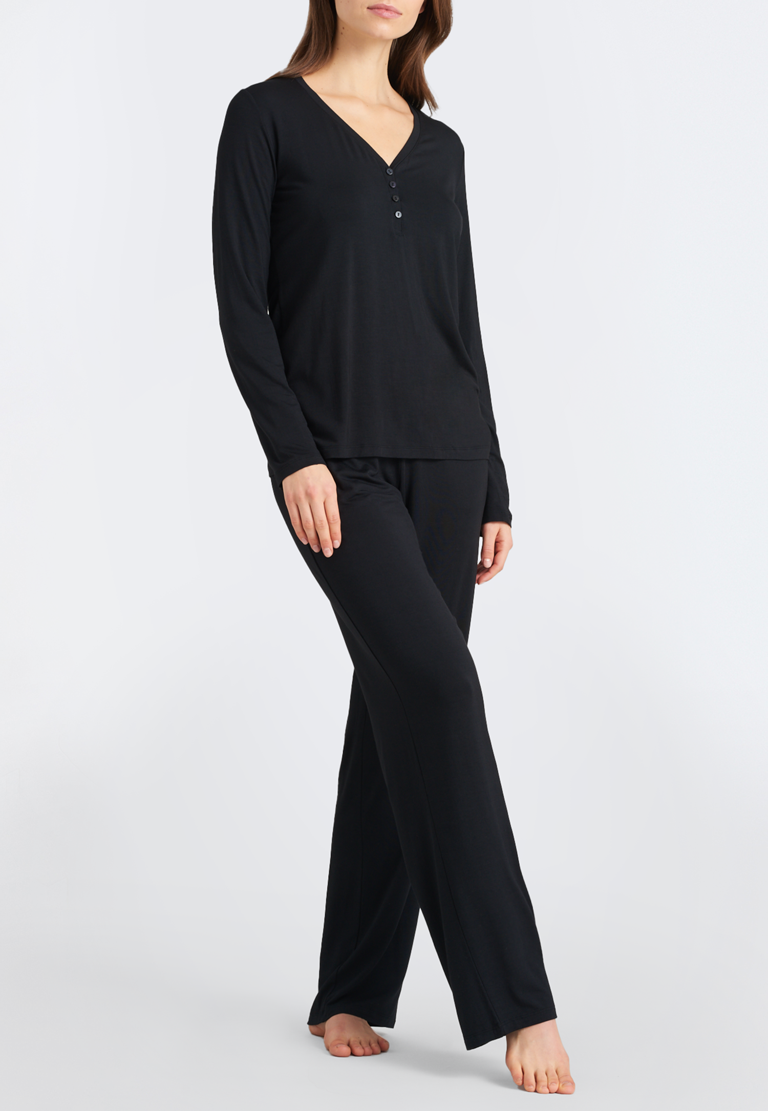 Bild von Schiesser Shirt langarm Modal V-Ausschnitt Knopfleiste schwarz - Mix+Relax für Damen