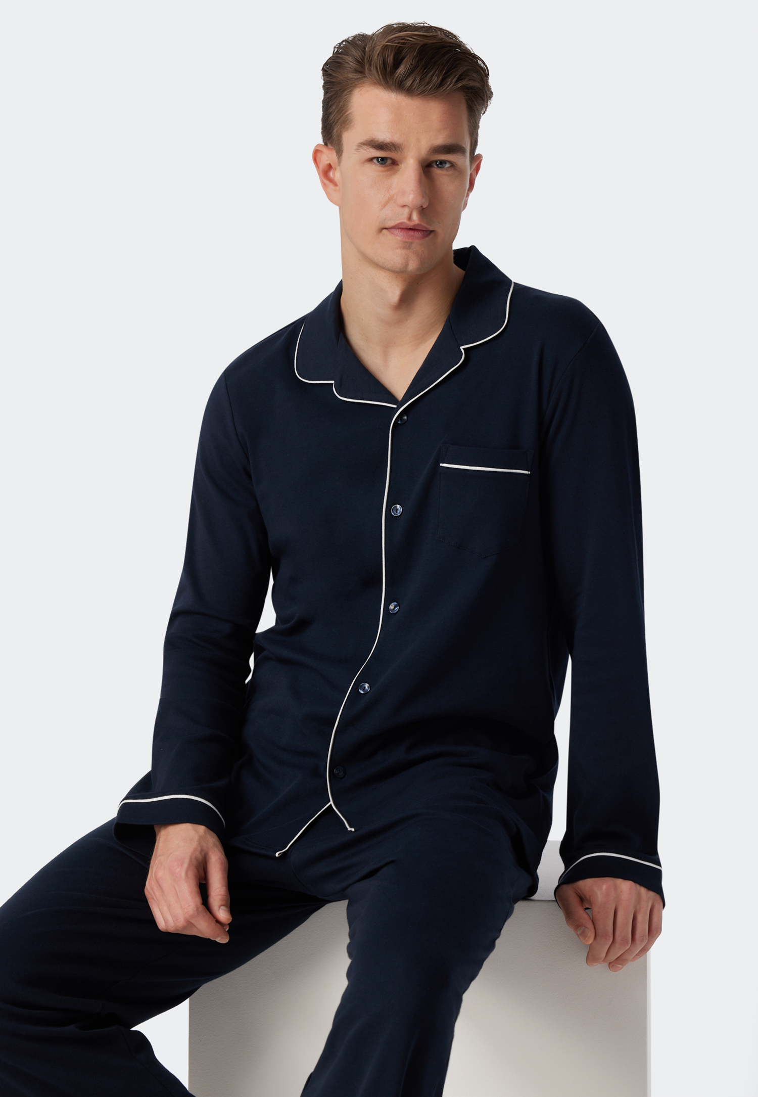 Bild von Schiesser Herren Schlafanzug Lang Mit Knöpfen Wärmere Baumwolle - Fein Interlock Pyjamaset, Dunkelblau_179296, 50 EU