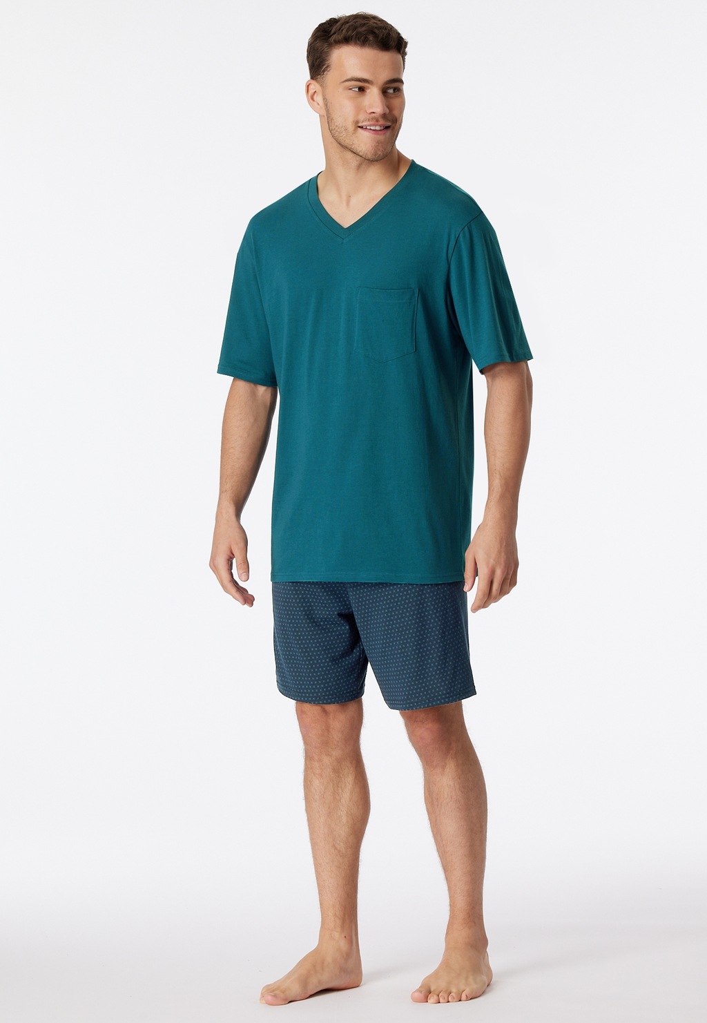Bild von Schiesser Herren Schlafanzug kurz V-Ausschnitt-Nightwear Set Pyjamaset, Jeansblau_181153, 48