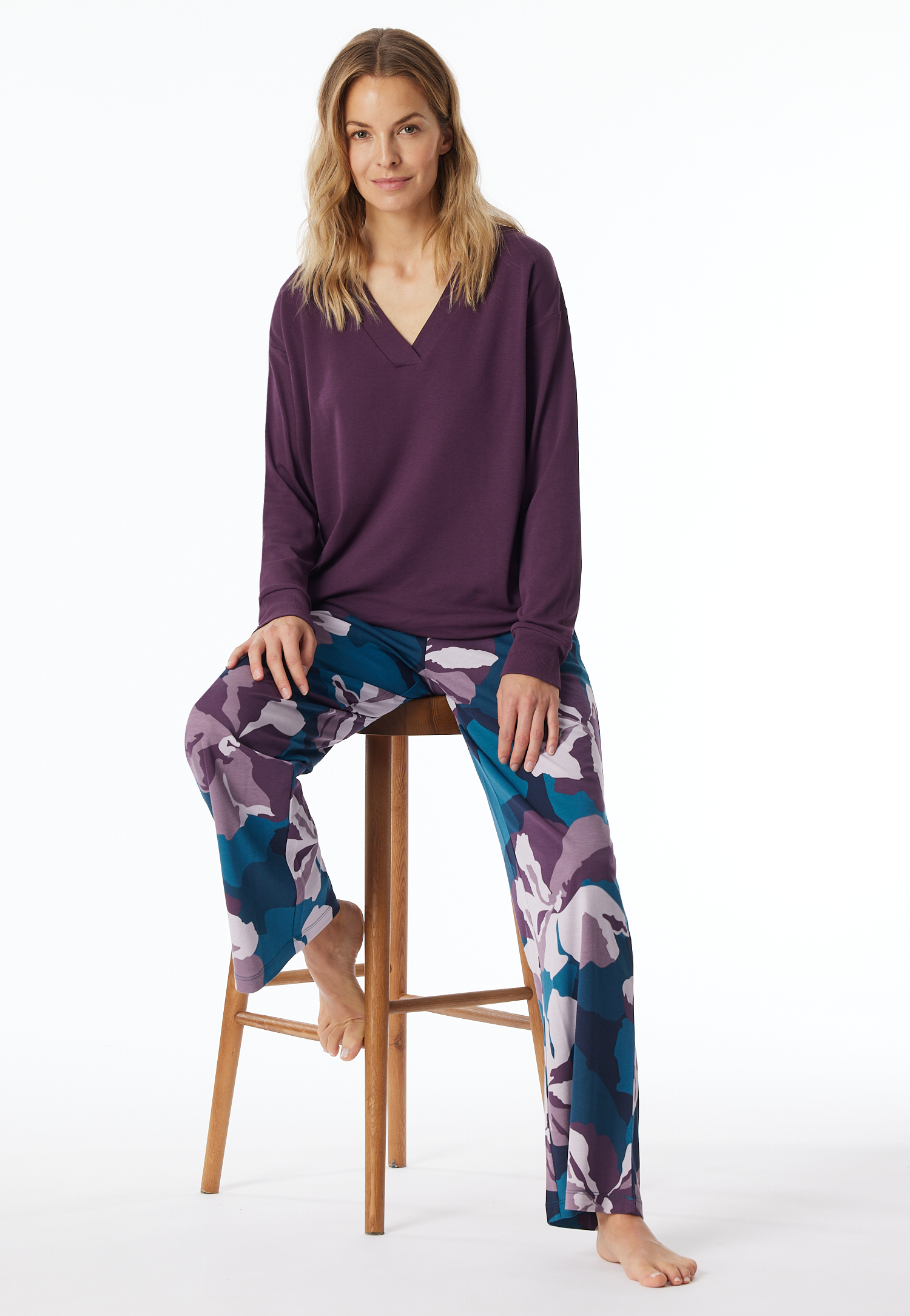 Bild von Schiesser Schlafanzug lang Interlock pflaume bedruckt - Modern Nightwear für Damen