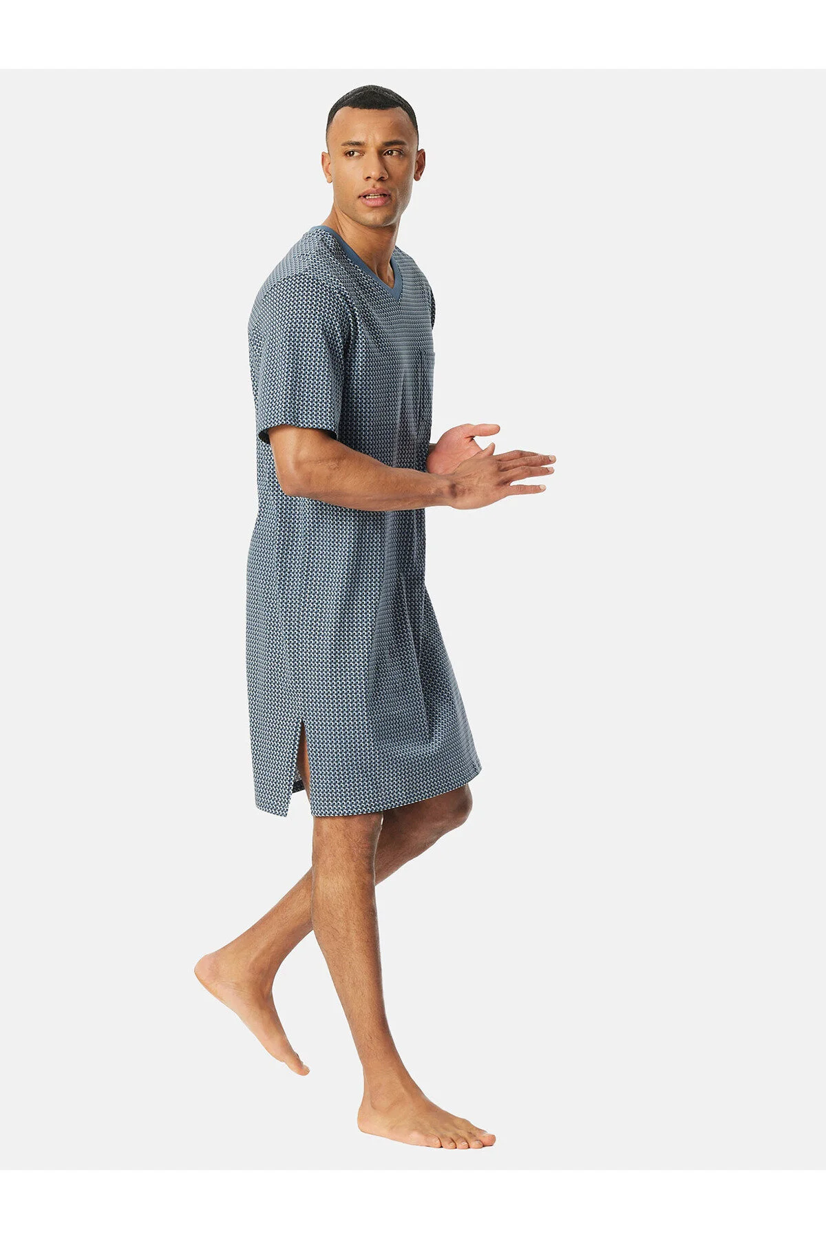 Bild von Nachthemd kurzarm Organic Cotton V-Ausschnitt Brusttasche graphit kariert - Comfort Nightwear 52