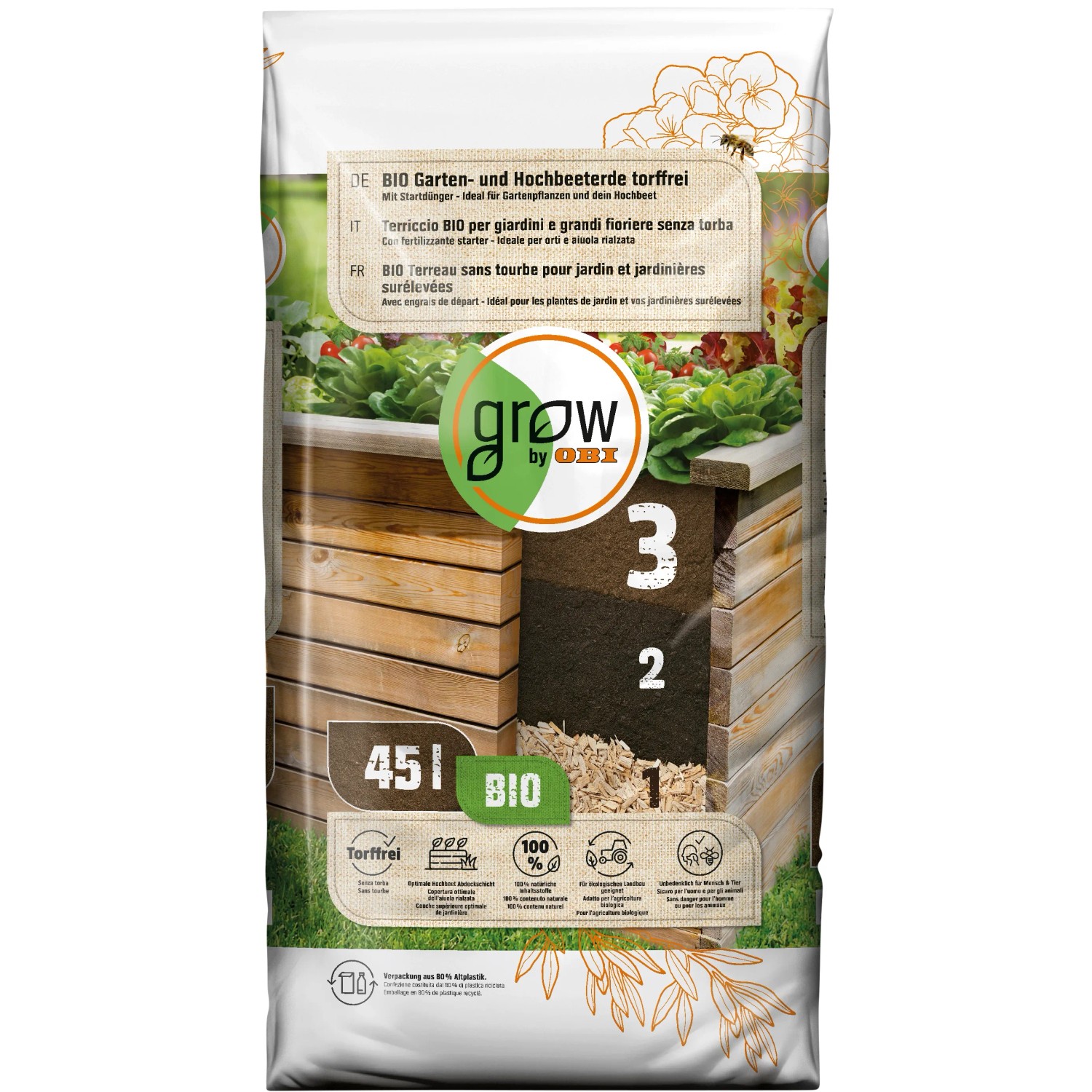 Bild von GROW by OBI BIO Garten- und Hochbeeterde torffrei, 45l