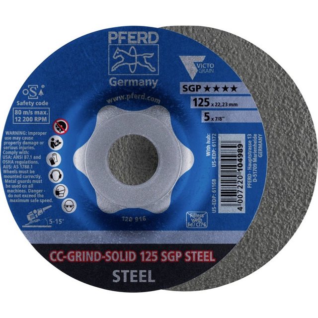 Bild von PFERD 64187126 CC-GRIND-SOLID 125 SGP STEEL Schleifscheibe Durchmesser 125mm Bohrungs-Ø 22.23mm 10S