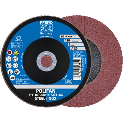 Bild von PFERD TOOLS POLIFAN Fächerscheibe PFF 180x22,23 mm flach A80 Leistungslinie SG STEELOX Stahl/Edelstahl