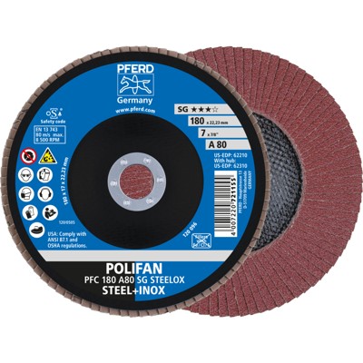 Bild von PFERD 167885 Polifan Konische Fächerscheiben, Leistungs Linie, A SG Steelox, Flache Ausführung PFC, 80 Korngröße, 180mm Ø, 10 Stück
