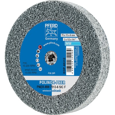 Bild von PFERD TOOLS POLINOX verpresstes Vlies-Rad PNER Ø 75x13 mm Bohrung-Ø 6 mm Mittelweich SIC Fein für Finish