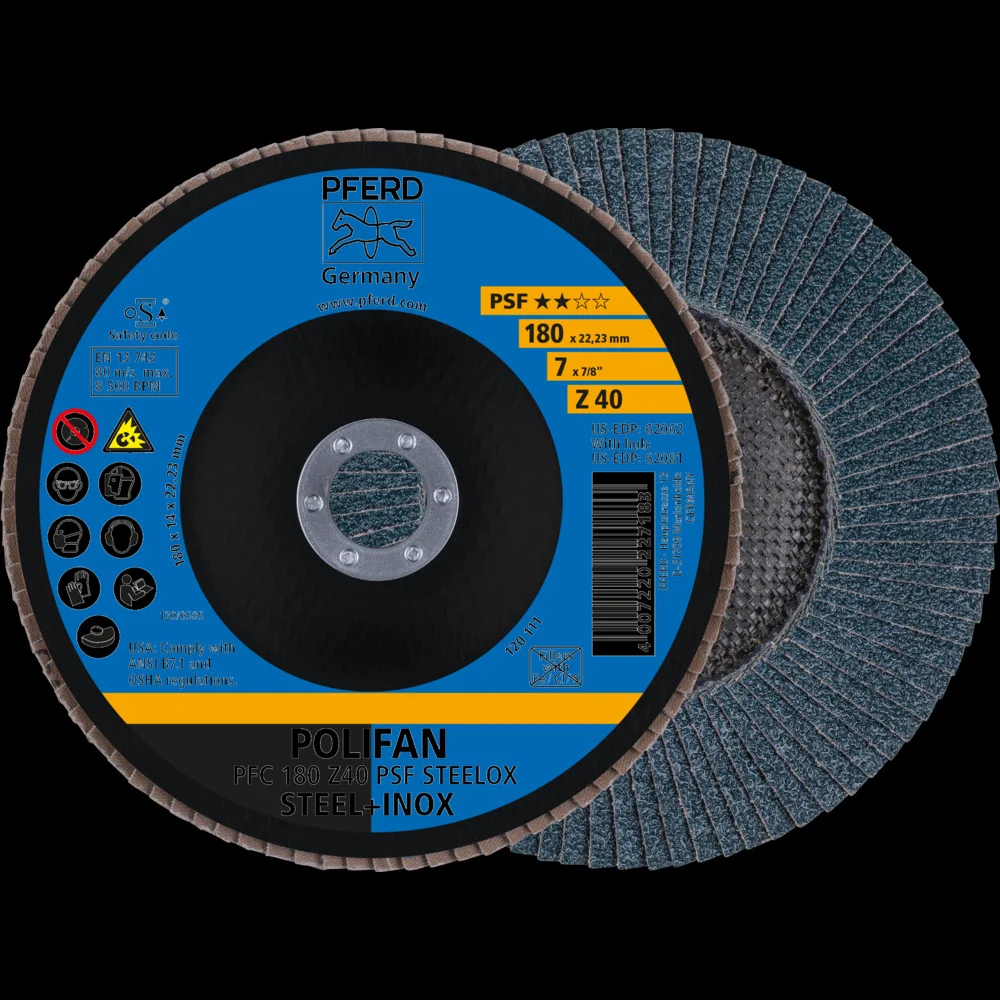 Bild von PFERD POLIFAN Fächerscheibe PFC | 180x22,23mm, konisch, Z40, Universallinie PSF STEELOX | 67764185 – für Stahl und Edelstahl (INOX)