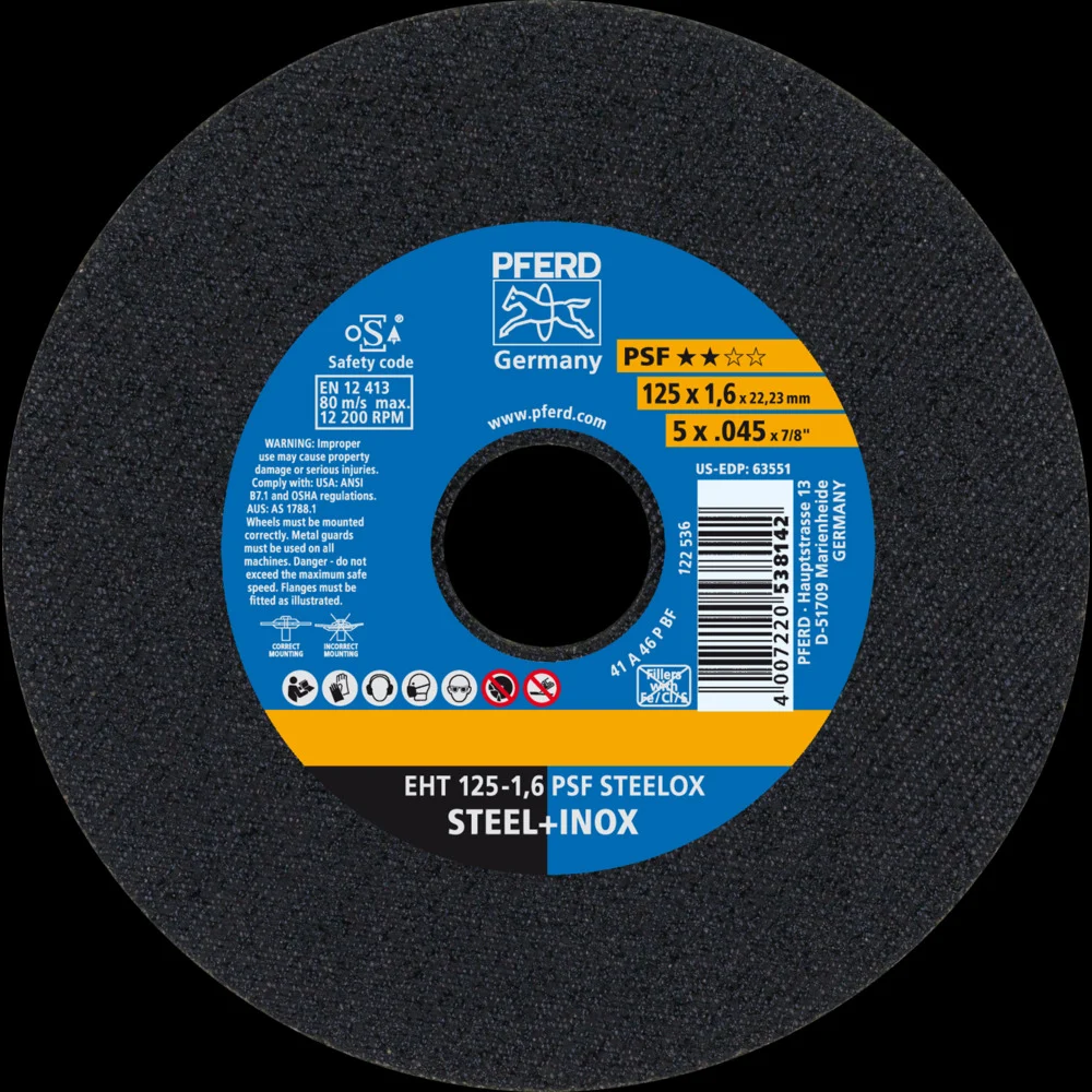 Bild von PFERD Trennscheibe EHT, 10 Stück | 125x1,6x22,23 mm, gerade, Universallinie PSF STEELOX | 69198296 - für Stahl und Edelstahl (INOX)